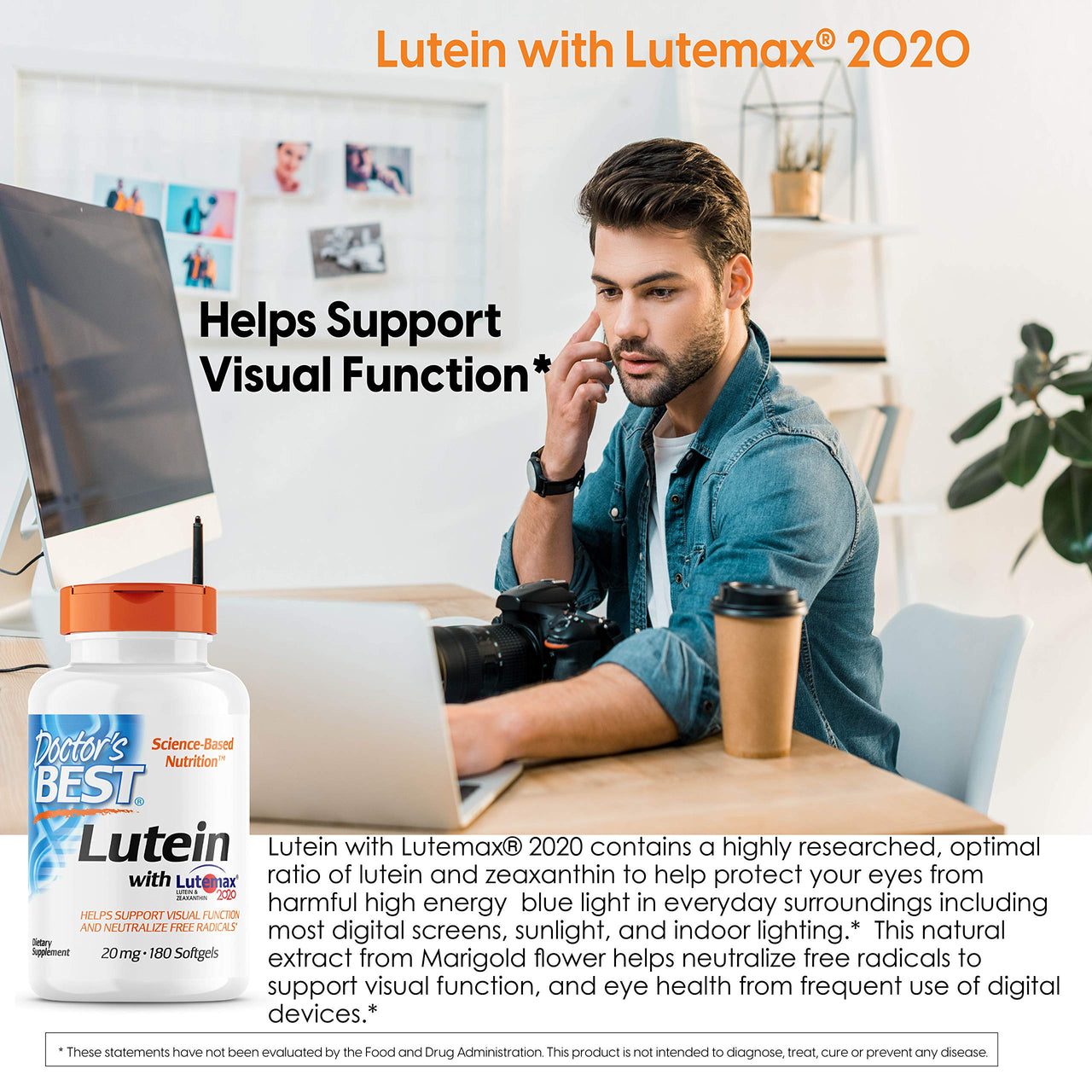 Doctor's Best Lutein, 20 mg, Supports Eye Health & Performance, Non-GMO, Gluten Free 180 Softgels