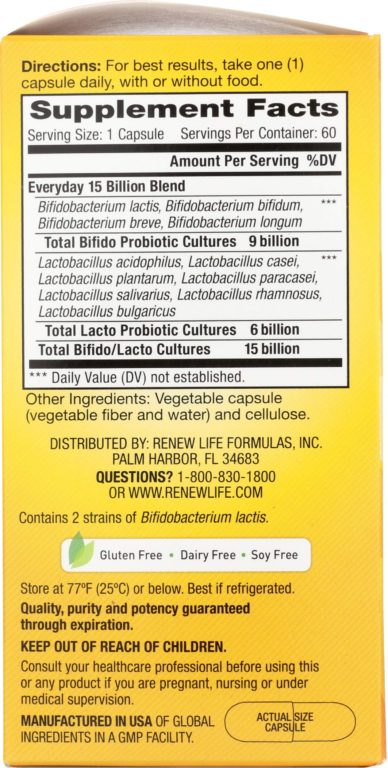 Renew Life Everyday Probiotic Capsules, Daily Supplement Supports Urinary, Digestive and Immune Health, L. Rhamnosus GG, Dairy, Soy and gluten-free, 15 Billion CFU, 60 Count