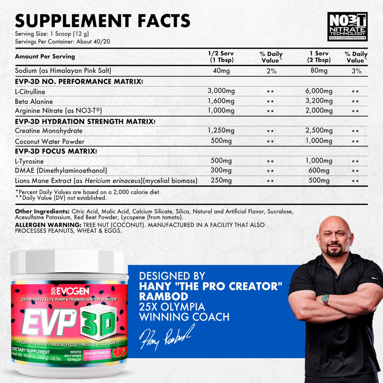 Evogen EVP 3D - Stim Free Pre Workout Powder for Men & Women | Sugar Free Non Stim Preworkout with Beta Alanine and Creatine for Energy & Pump | Sour Watermelon | 40 Servings