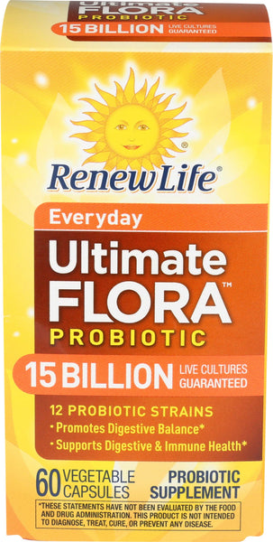 Renew Life Everyday Probiotic Capsules, Daily Supplement Supports Urinary, Digestive and Immune Health, L. Rhamnosus GG, Dairy, Soy and gluten-free, 15 Billion CFU, 60 Count