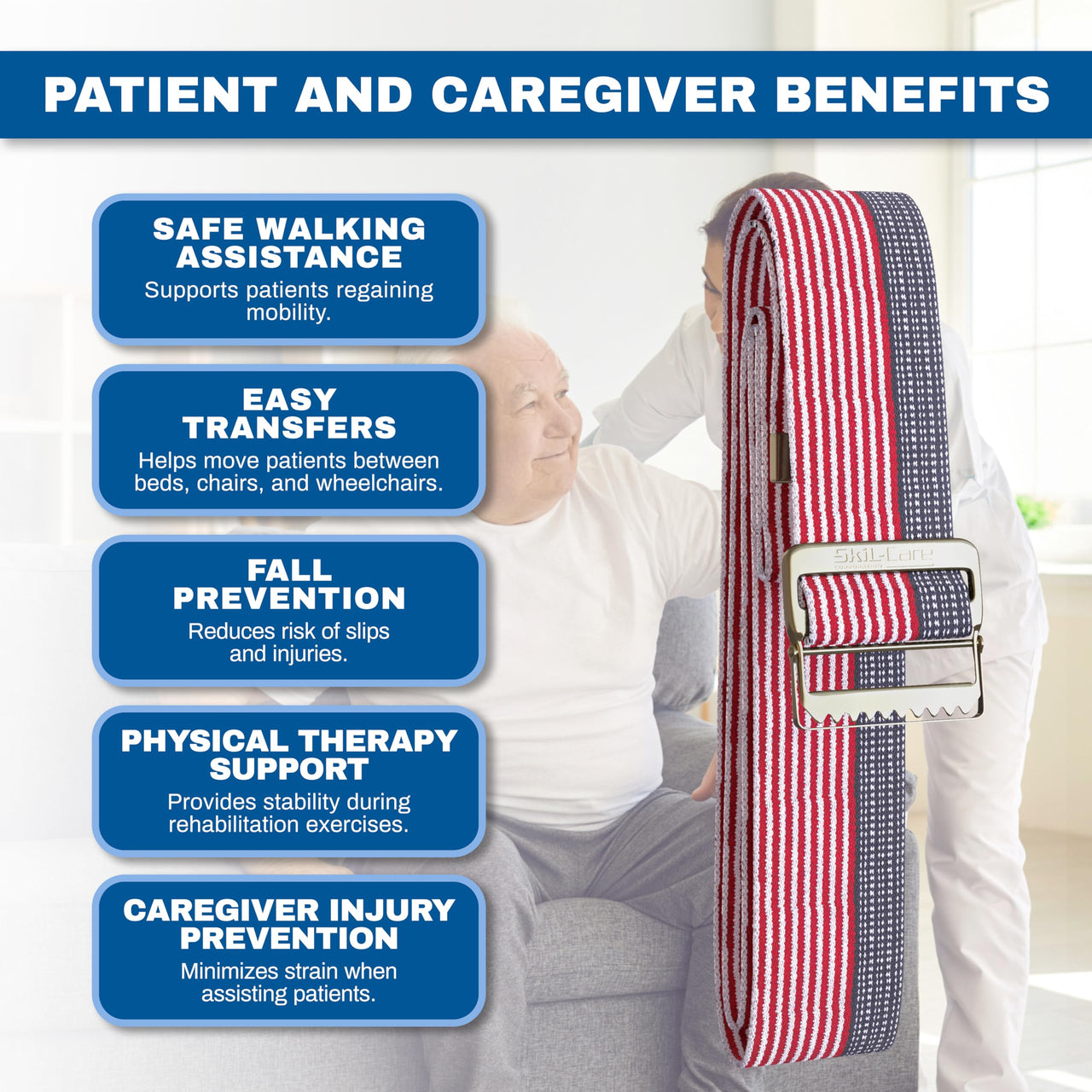 Skil-Care Cotton Gait Belt, Stars & Stripes Design, Gait Belt for Seniors, 60” L x 2” W, Secure Metal Buckle, Durable Cotton Webbing Transfer and Physical Therapy Belt, 252015