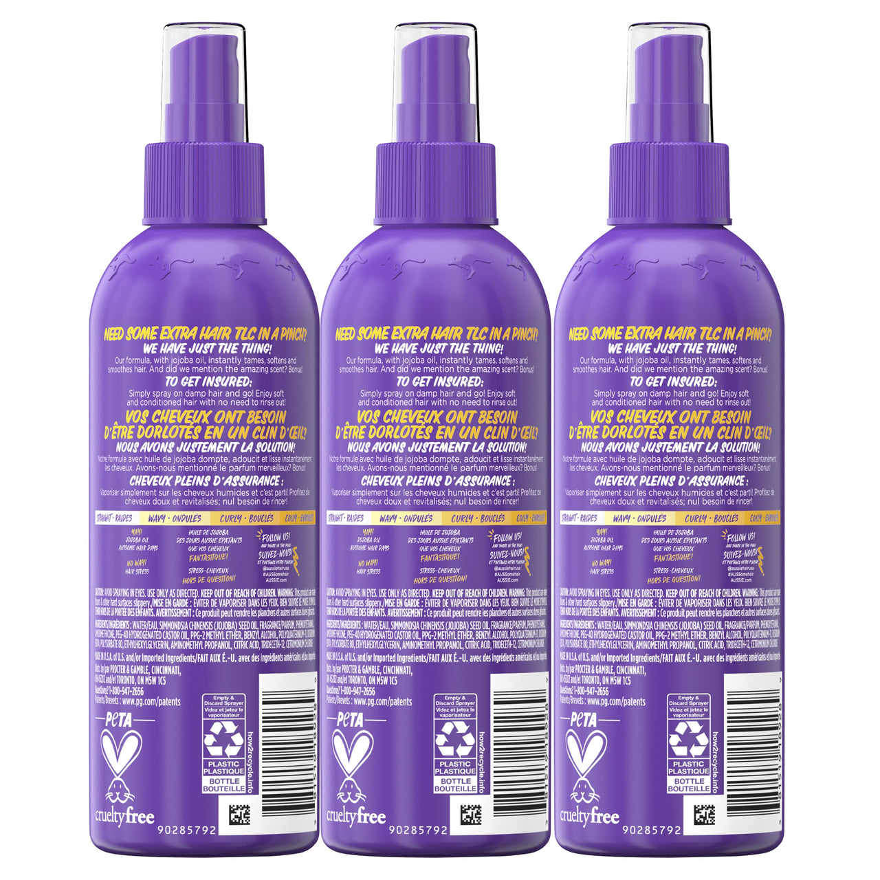 Aussie Hair Insurance Leave-In Conditioner Spray, Frizz Control, Softening with Jojoba & Sea Kelp, Moisturizing Treatment for All Hair Types, Juicy Citrus, 8 Fl Oz Each, Triple Pack