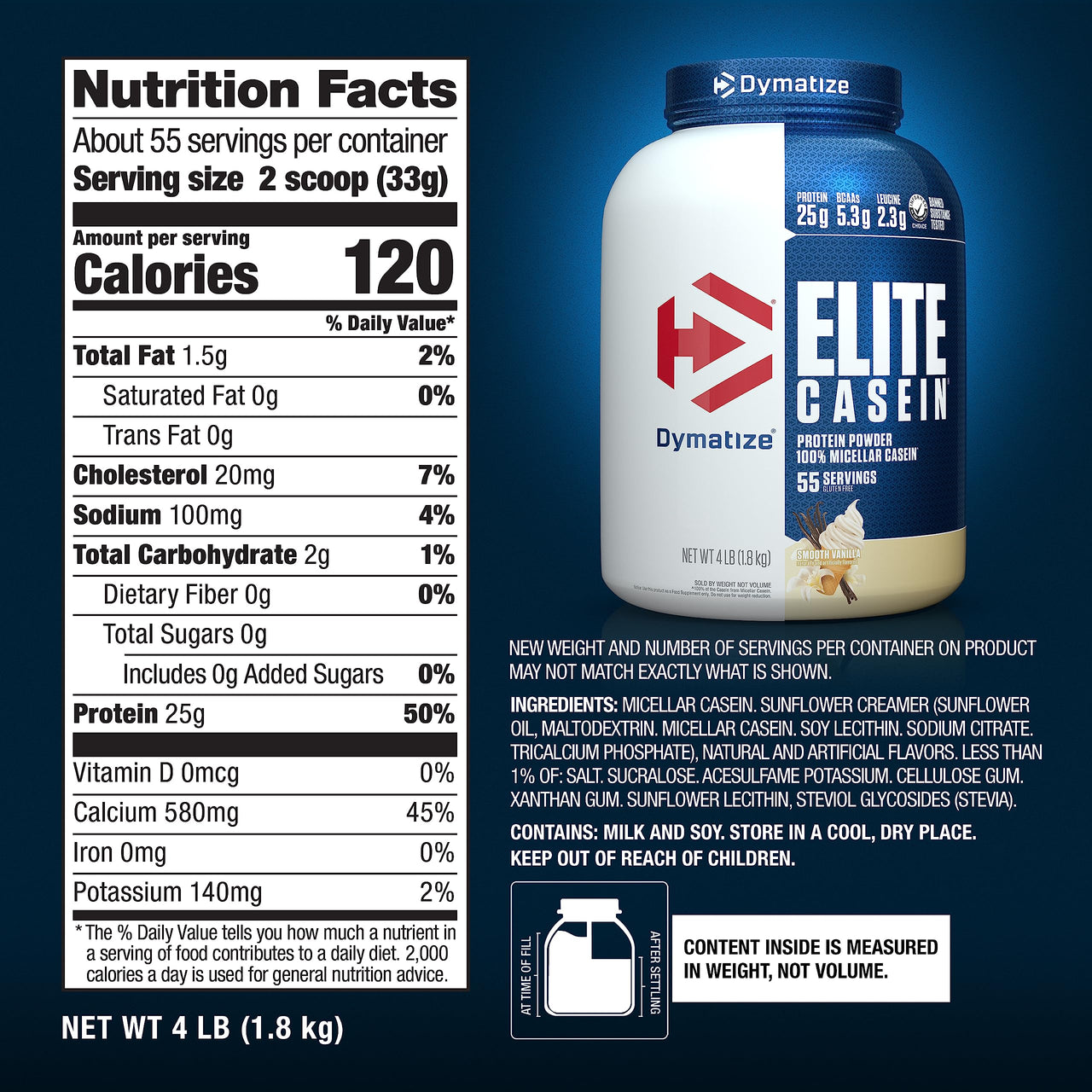Dymatize Elite Casein Protein Powder, Vanilla, 100% Micellar Casein, 25g Protein, 5.4g BCAAs, 2.3g Leucine, Slow Absorbing for Overnight Muscle Recovery, 4 lb (55 Servings)