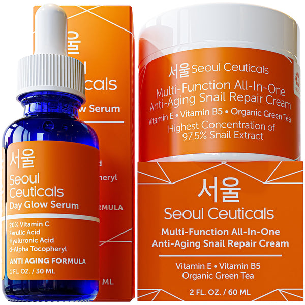 Korean Skin Care Set - Potent Vitamin C Serum with Korean Snail Repair Cream - The Most Potent Duo For Providing You With That Bright, Youthful Glow. Your Natural & Organic Korean Beauty Routine