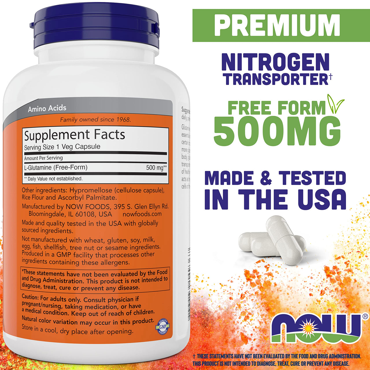 Now L-Glutamine 500mg 300 Veg Capsules - Non-GMO Supplement - Vegan Lglutamine Caps