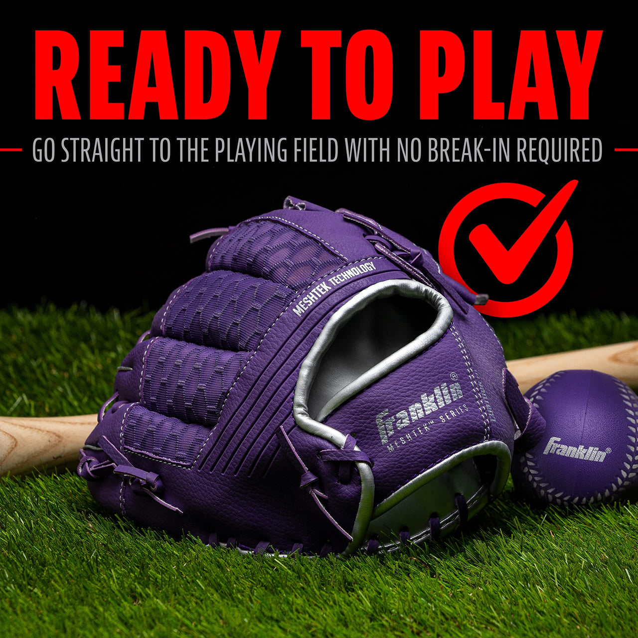 Franklin Sports Meshtek Teeball Fielding Glove with Ball - Right Hand Throw - 9.5" - Purple/Chrome