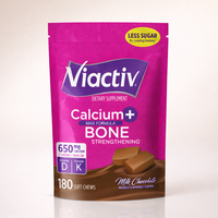 Thumbnail for Viactiv Calcium + Vitamin D Supplement Soft Chews for Women & Men - Chewable Calcium for Bone Health Support, 650 mg per Serving, Vitamin D & K for High Absorption - 180 Count, Milk Chocolate