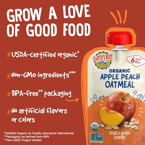 Image 6 of Earth's Best Organic Baby Food Pouches, Fruit and Grain Puree for Babies 6 Months and Older, Organic Apple Peach and Oatmeal Puree, 3.5 oz Resealable Pouch (Pack of 12)