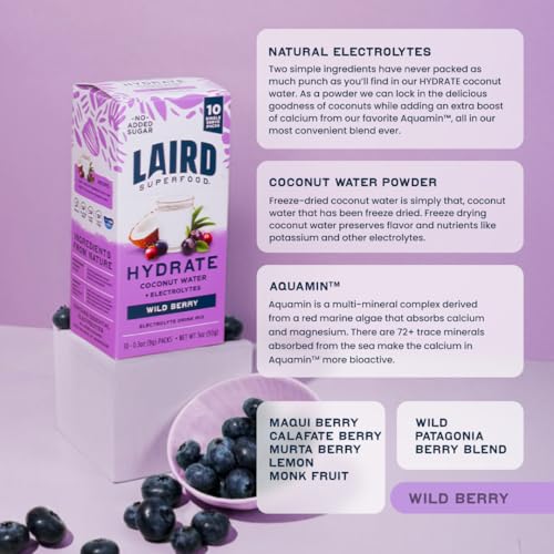 Image 3 of Laird Superfood Hydrate Coconut Water Electrolyte Drink Mix 10 Single Serve Sticks