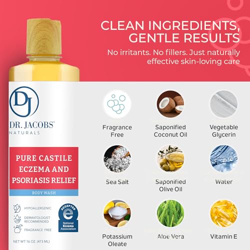 Image 5 of DR.JACOBS NATURALS Pure Castile Soap for Eczema & Psoriasis Relief - Unscented Body Wash, 16oz, 2 Pack