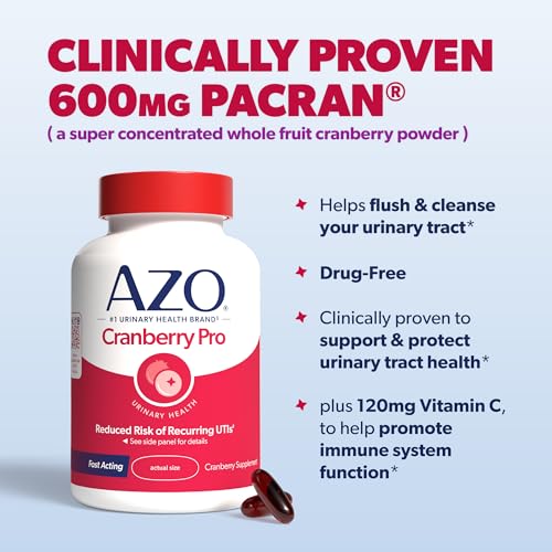 Image 7 of AZO Cranberry Pro Urinary Tract Health Supplement 600mg PACRAN, 1 Serving, Sugar Free, Non-GMO 100 Softgels Pack of 2