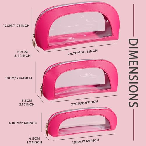 Image 5 of BS-MALL 3 Pcs Makeup Bag Set, Waterproof Travel Makeup Kit with Zippers, Lightweight Travel Bag for Makeup Brush Holder & Organizer, Fashionable Leather Case for Daily Use & Storage (Hot Pink)
