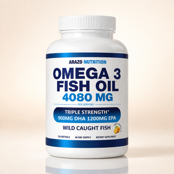 Arazo Nutrition Wild Caught Omega-3 Fish Oil Concentrate – 4,080mg per Serving – High EPA 1200mg & DHA 900mg – 120 Burpless Lemon Softgels