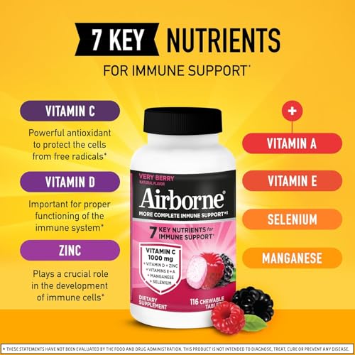 Image 4 of Airborne 1000mg Vitamin C  Zinc Immune Support Supplement Chewable Tablets 116 Count (2 Pack)
