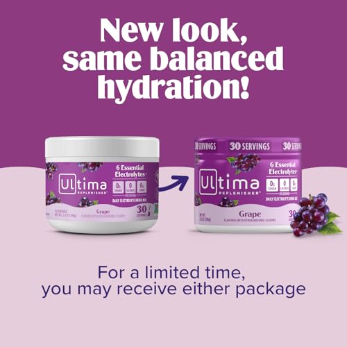 Image 5 of Ultima Replenisher Electrolyte Powder Drink Mix Bundle ? Sugar Free ? Grape, 30 Serving Canister and 20 Stickpacks ? 6 Electrolytes and Minerals ? Keto Friendly, Vegan, Non-GMO