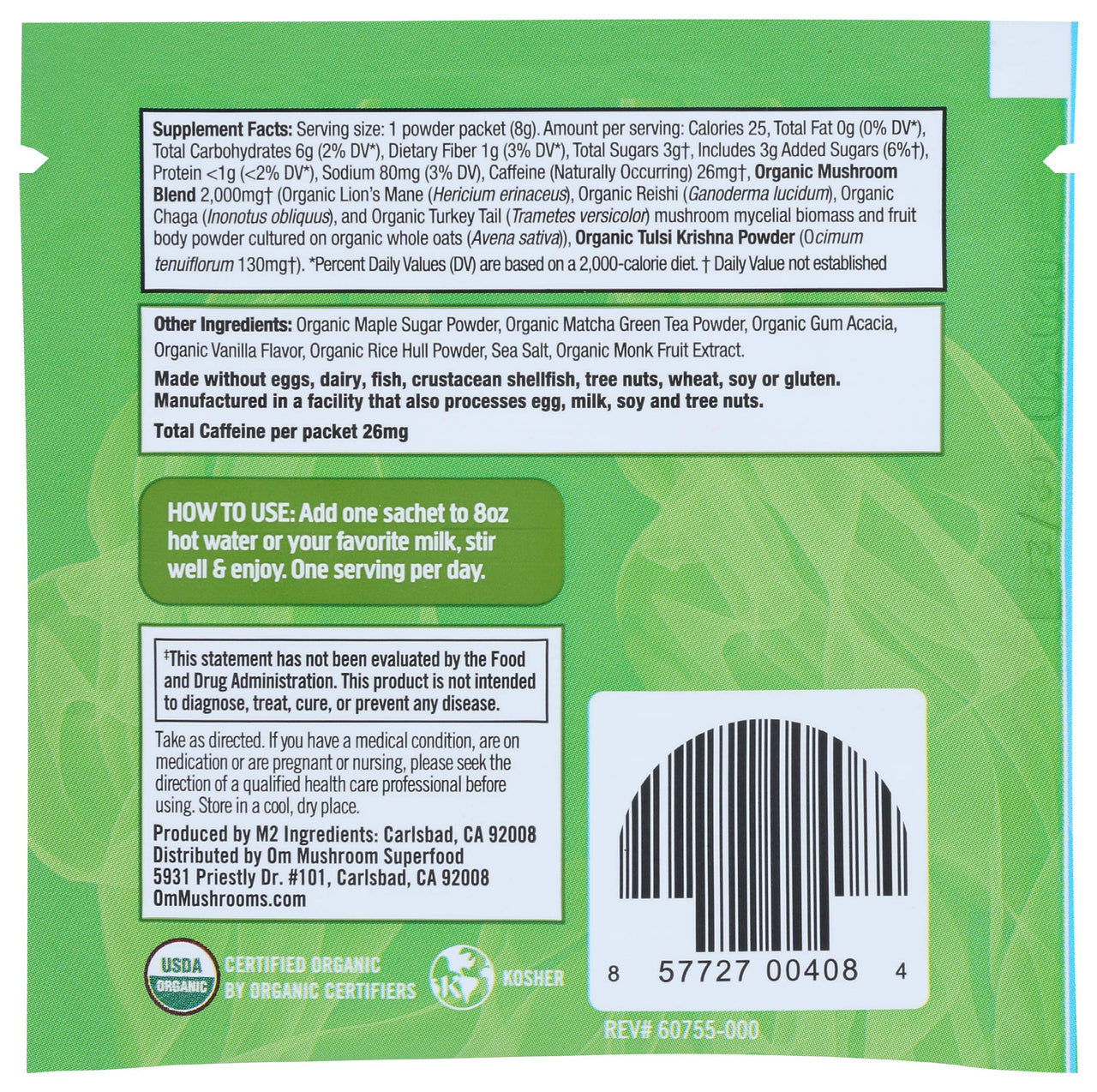 Om Mushroom Superfood Organic Mushroom Matcha Latte Blend, 0.28 OZ
