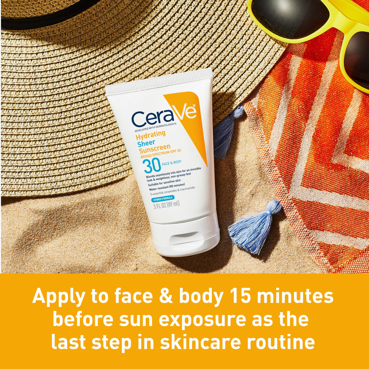 CeraVe Hydrating Sheer Sunscreen with SPF 30 for Face and Body, Mineral & Chemical Sunscreen for Men & Women with Zinc Oxide, Hyaluronic Acid and Ceramides, Paraben-Free + Fragrance-Free, 3 Ounces