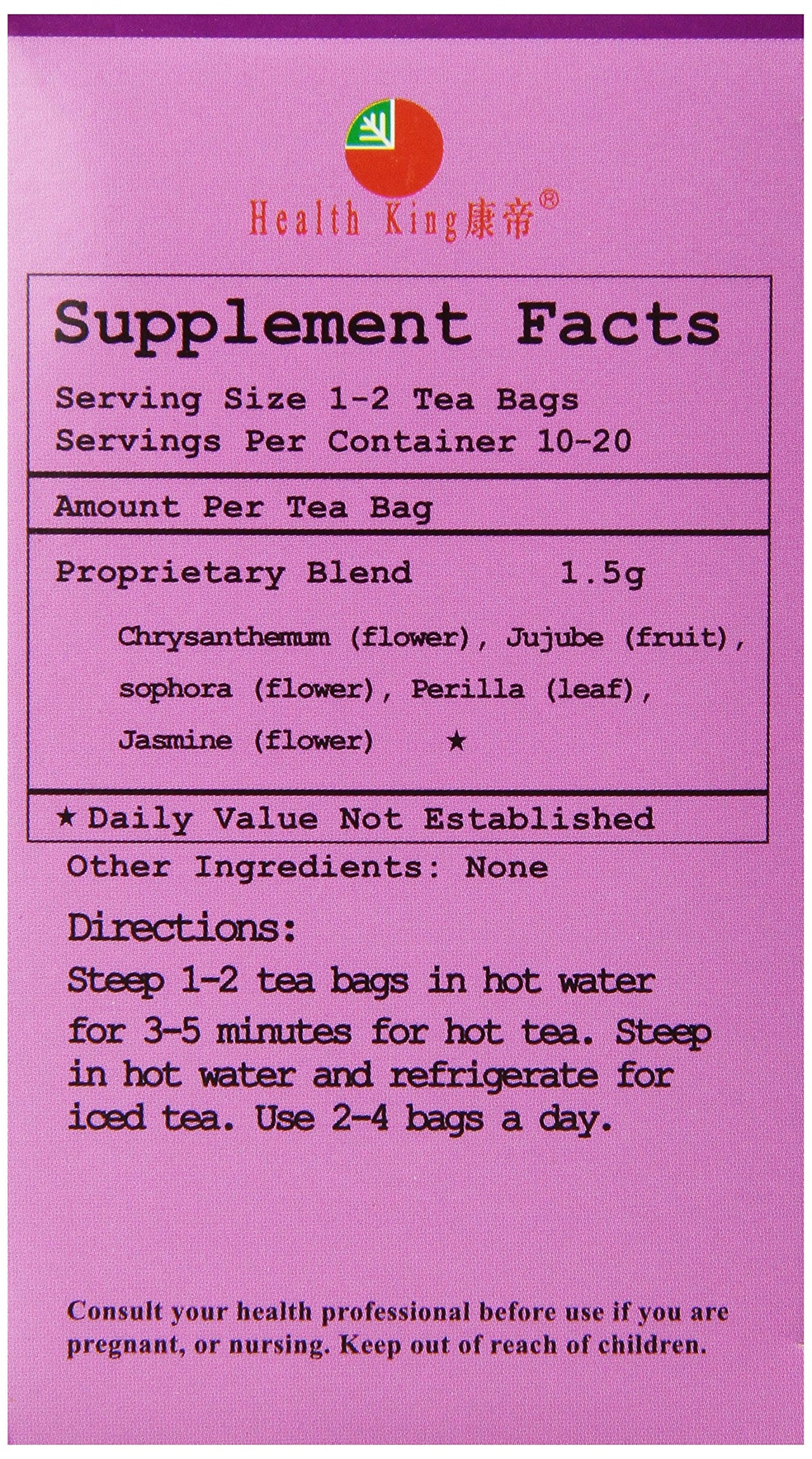 Health King Chrysanthemum Vascuflow Herb Tea, Teabags, 20 Count Box