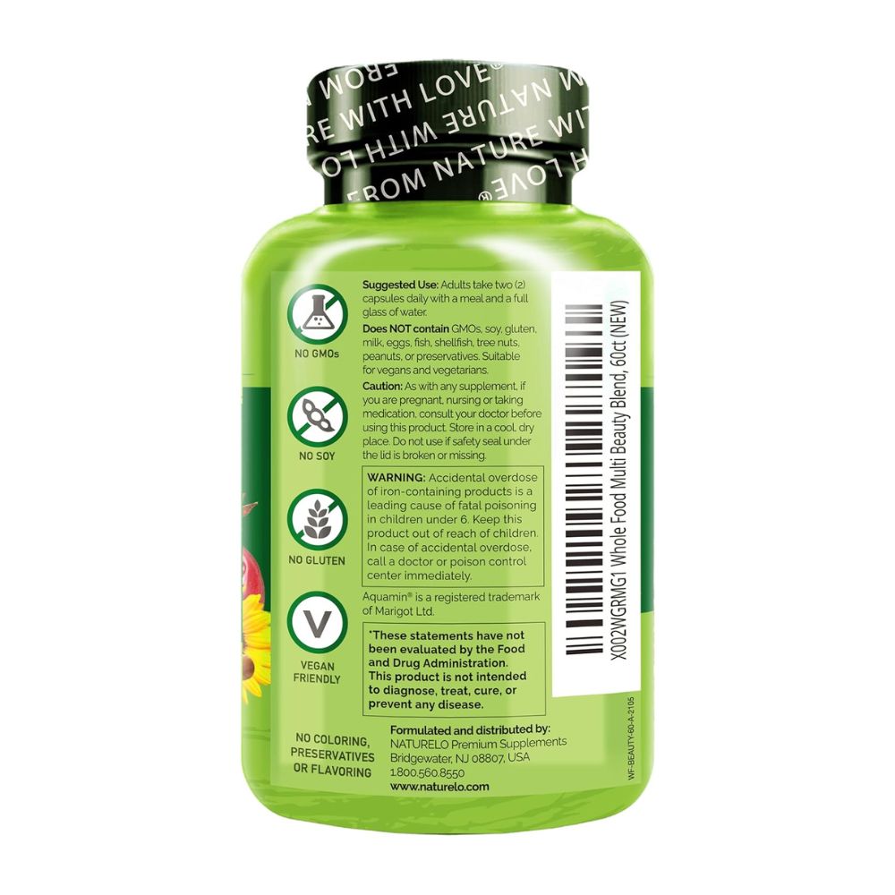 NATURELO Whole Food Multivitamin Capsules - Beauty Blend with Hyaluronic Acid & Grape Seed