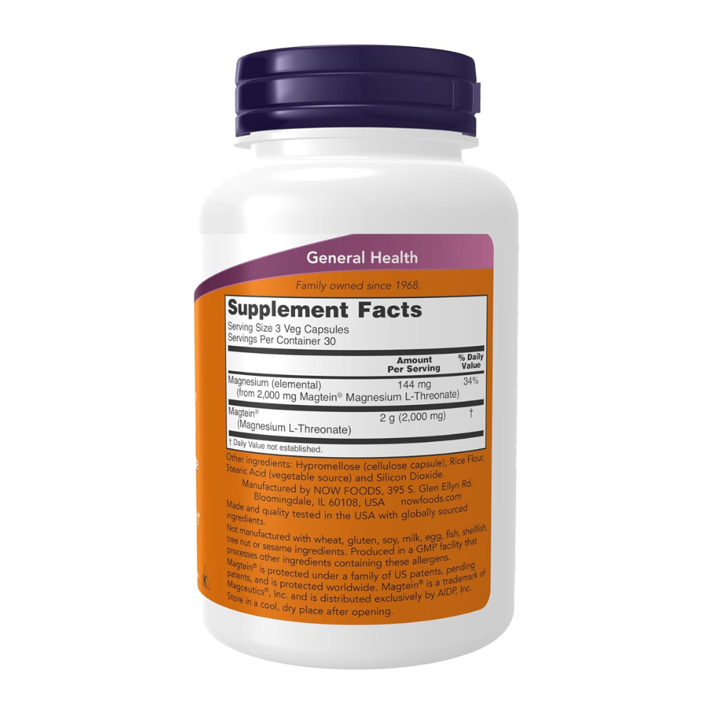 NOW Foods Magtein Magnesium, Cognitive Support Veg Capsules