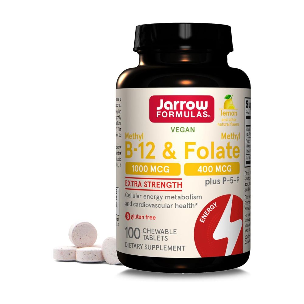 Jarrow Formulas Extra Strength Methyl B-12 1000 mcg & Methyl Folate 400 mcg + P-5-P Chewable Tablets