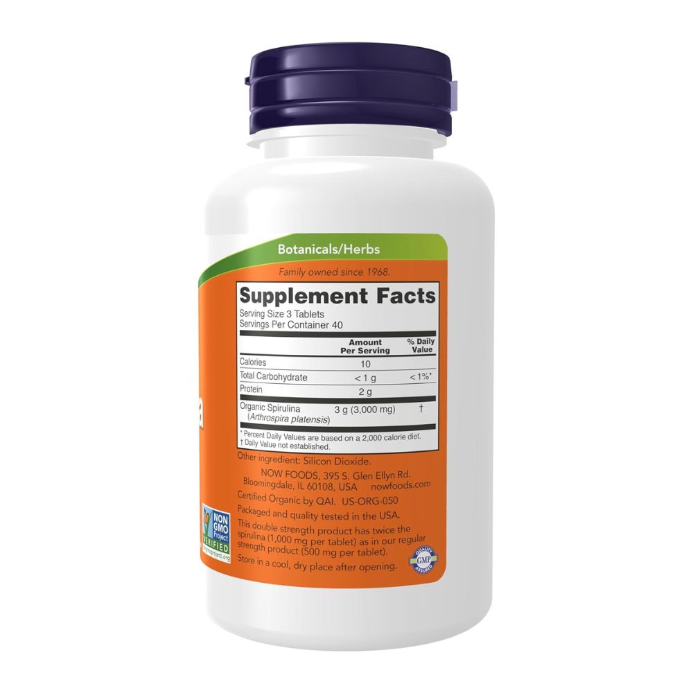 NOW Foods Certified Organic Spirulina 1000 mg Double Strength Tablets