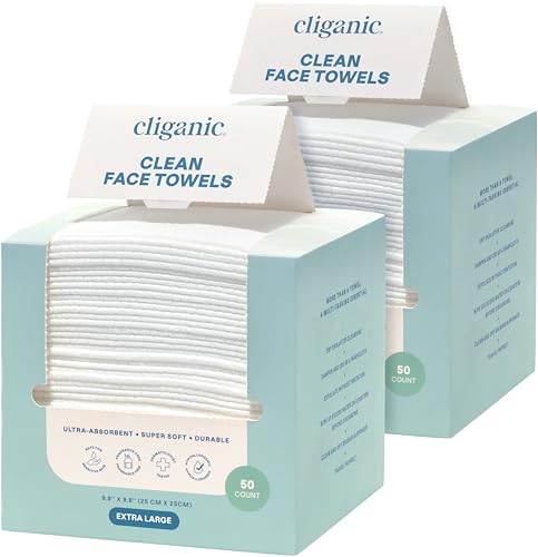Image 1 of 50 Count (Pack of 2) for the product Cliganic Face Towels XL Disposable Makeup Remover Soft Dry Wipes