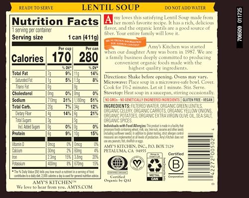 Image 2 of Amy's Soup Organic Lentil (12 Pack) 14.5 Ounce