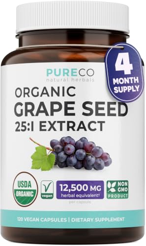Image 2 of 120 Count (Pack of 1) for the product PURE CO USDA Organic Grape Seed Extract - High Potency 25:1 Grapeseed Supplement with 12,500mg Herbal Equivalent Strength - Antioxidant Support - Vegan & Non-GMO