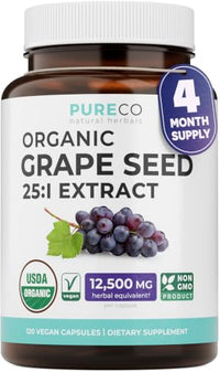 Thumbnail for Image 2 of 120 Count (Pack of 1) for the product PURE CO USDA Organic Grape Seed Extract - High Potency 25:1 Grapeseed Supplement with 12,500mg Herbal Equivalent Strength - Antioxidant Support - Vegan & Non-GMO