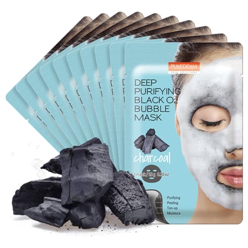 Image 1 of Default Title for the product Purederm Charcoal Bubble Face Mask, Deep Cleansing and Purifying for Pore Minimizing and Detox, Korean Skincare for Combination and Oily Skin (10 Pack)