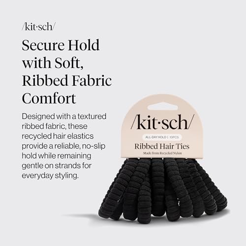 Image 2 of Kitsch Ribbed Hair Ties No Damage - Black, 10pcs