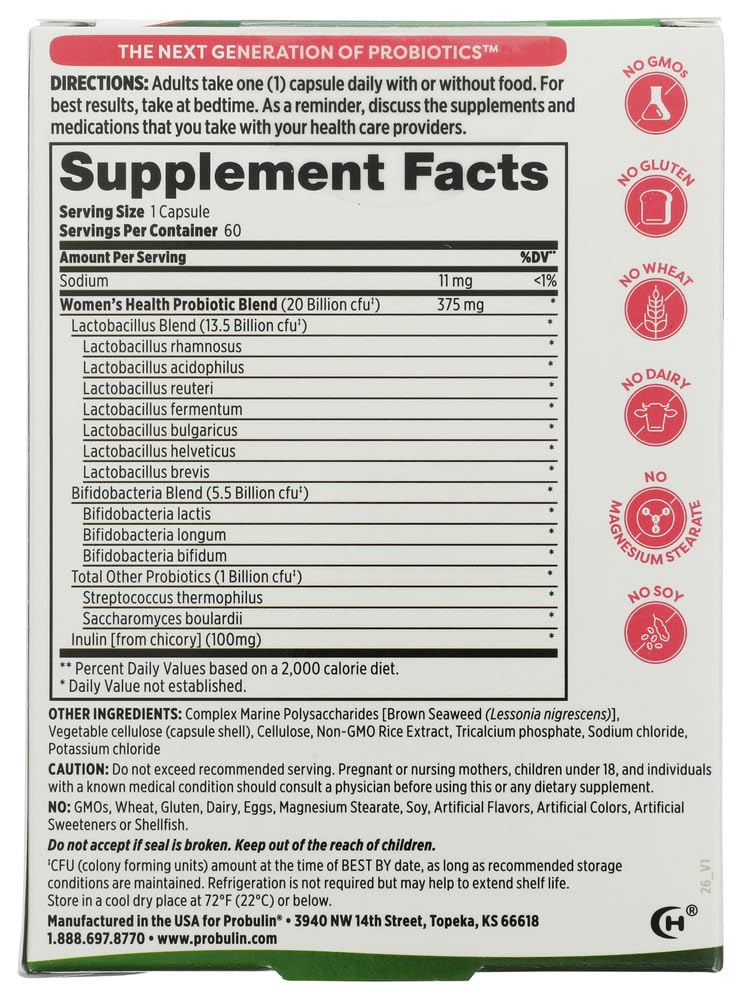 Image 2 of Probulin Women’s Health Probiotic + Prebiotic for Vaginal, Gut & Immune Health - 20 Billion CFU - 12 Probiotic Strains, 60 Vegan Capsules