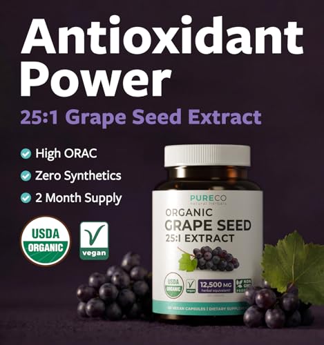 Image 3 of PURE CO USDA Organic Grape Seed Extract - High Potency 25:1 Grapeseed Supplement with 12,500mg Herbal Equivalent Strength - Antioxidant Support - Vegan & Non-GMO