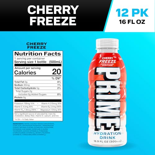 Image 2 of PRIME Hydration CHERRY FREEZE, Sports Drinks with Coconut Water, Electrolyte Enhanced to Replenish Fluids, Zero Added Sugar, B Vitamins, Antioxidants, Made with Natural Flavors, 16.9 Fl Oz 12 Pack