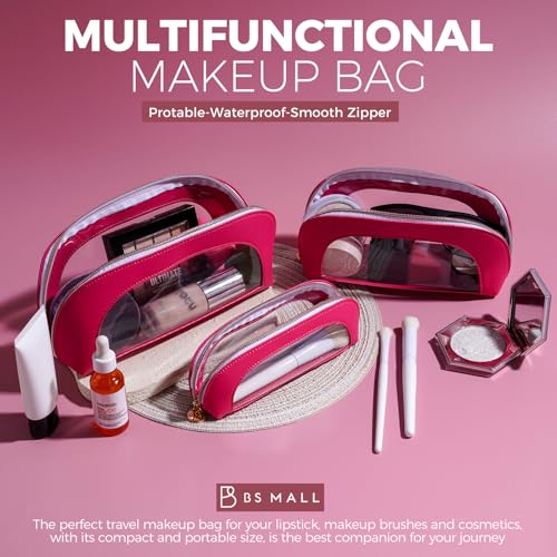 Image 6 of BS-MALL 3 Pcs Makeup Bag Set, Waterproof Travel Makeup Kit with Zippers, Lightweight Travel Bag for Makeup Brush Holder & Organizer, Fashionable Leather Case for Daily Use & Storage (Hot Pink)