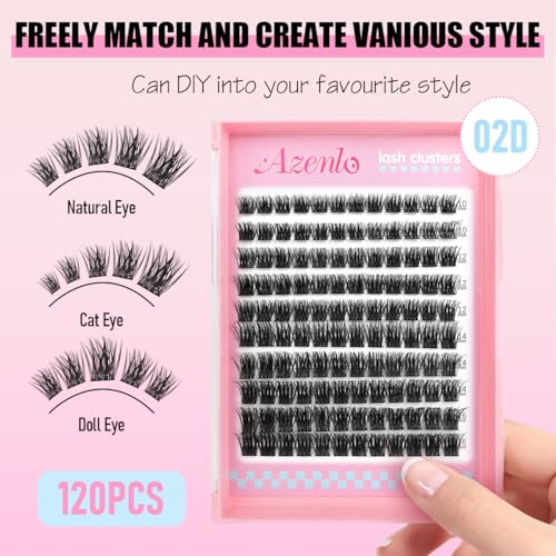 Image 2 of Azenlo Natural Lash Clusters Kit Wispy Eyelash Clusters 120 pcs Cluster Eyelash Extensions C Curl Individual Lashes 10-16 mm Mix Length Natural Look Lashes Clusters with Thin Lash Band