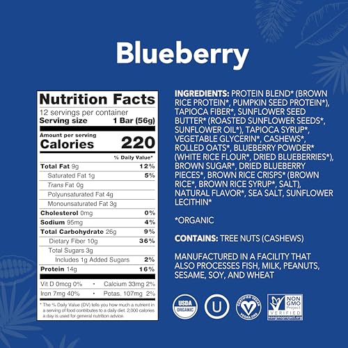Image 2 of ALOHA Organic Plant Based Protein Bars - Blueberry Bars, Vegan, Low Sugar, Gluten-Free, Low Carb, Non-GMO, No Stevia, No Erythritol - 12 Count (Pack of 3)