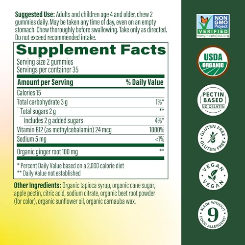 Image 3 of MegaFood Vitamin B12 Energy Gummies, USDA Organic, Ginger, 70 Gummies