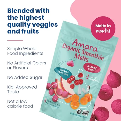 Image 6 of Amara Smoothie Melts - Carrot Raspberry - Baby Snacks Made With Fruits and Vegetables - Healthy Toddler Snacks For Your Kids Lunch Box - Organic Plant Based Yogurt Melts - 6 Resealable Bags