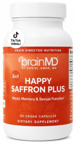 Image 1 of 30 Servings (Pack of 1) for the product BrainMD Dr Amen Happy Saffron Plus - 90 Capsules - with Saffron Flower Extract, Curcumin & Zinc - Vegan, Gluten Free - 30 Servings