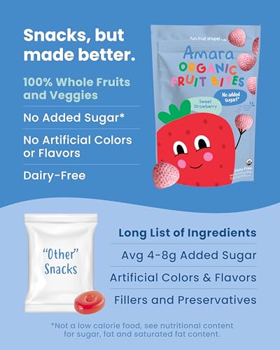 Image 6 of Amara Organic Fruit Bites Sweet Strawberry - No Added Sugar, Dairy-Free, Nut-Free Healthy Fruit Snacks, Made with Organic Whole Foods, Allergy-Friendly Healthy Fruit Snacks for Kids - 21g 6PK