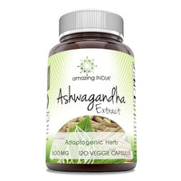 Thumbnail for Image 1 of 120 Count for the product Amazing India Ashwagandha Extract Veggie Capsules Supplement
