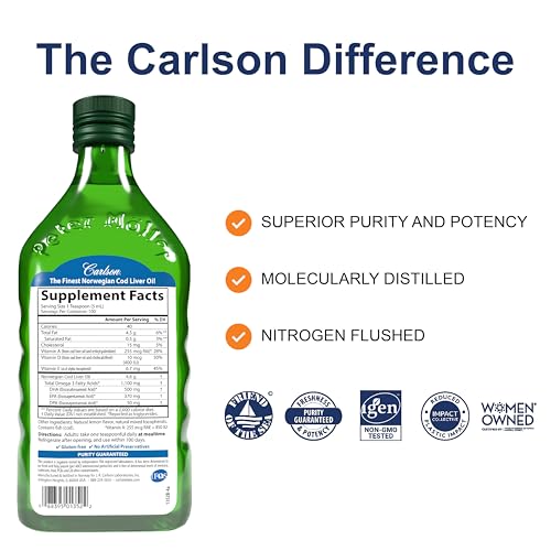 Image 2 of Carlson Cod Liver Oil, 1100 mg, Omega-3s, Unflavored, 500 mL (16.9 Fl Oz)