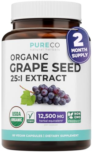 Image 1 of 60 Count (Pack of 1) for the product PURE CO USDA Organic Grape Seed Extract - High Potency 25:1 Grapeseed Supplement with 12,500mg Herbal Equivalent Strength - Antioxidant Support - Vegan & Non-GMO
