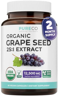 Thumbnail for Image 1 of 60 Count (Pack of 1) for the product PURE CO USDA Organic Grape Seed Extract - High Potency 25:1 Grapeseed Supplement with 12,500mg Herbal Equivalent Strength - Antioxidant Support - Vegan & Non-GMO