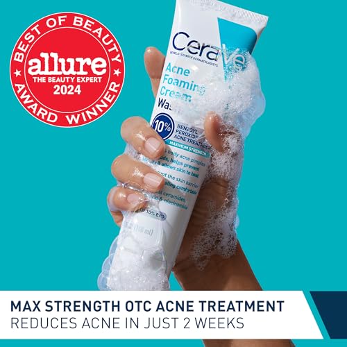 Image 2 of CeraVe Acne Foaming Cream Wash, 10% Benzoyl Peroxide Facial Cleanser, 5oz