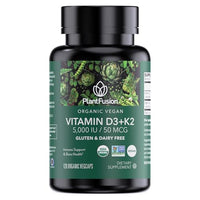 Thumbnail for Image 2 of 120 Count (Pack of 1) for the product PlantFusion Organic Vegan Vitamin D3  K2 5,000 IU, 50MCG ? 60 Capsules
