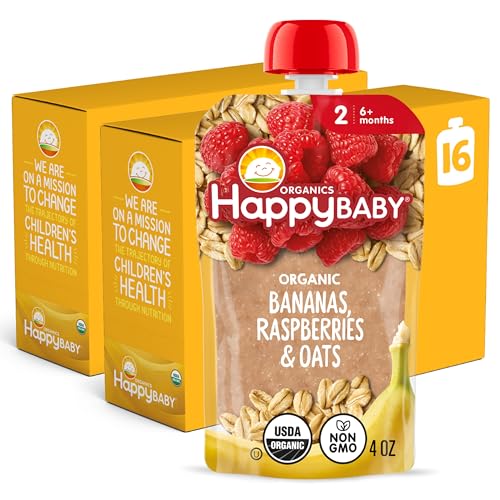 Image 1 of Bananas, Raspberries & Oats / 4 Ounce (Pack of 16) for the product Happy Baby Clearly Crafted Stage 2 Baby Food