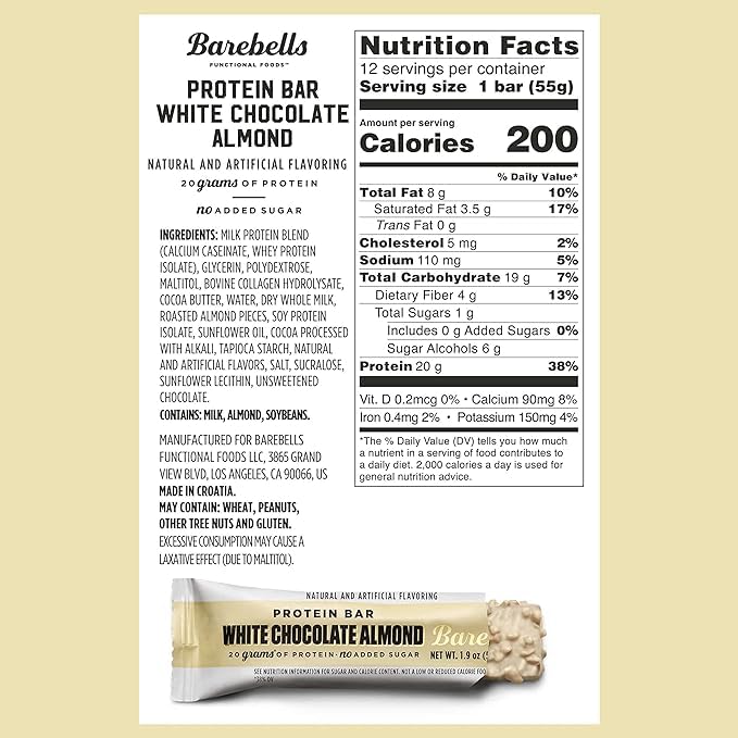 Image 2 of BAREBELLS Protein Bars White Chocolate Almond, 55g, 12-Pack